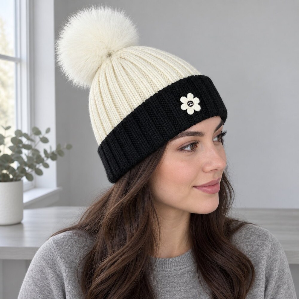 CHANEL Two-Tone Pom Pom Knit Beanie - Picture 3 of 6